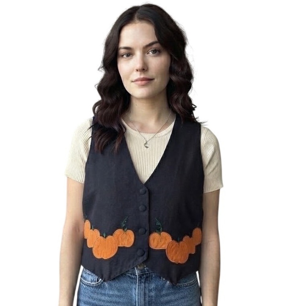 Halloween Vest Black Silk Pumpkins Costume Trick or Treat 90s Vintage Medium